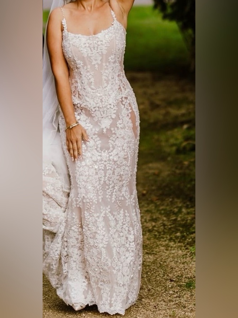Spaghetti-Strap Lace Wedding Gown in Blush